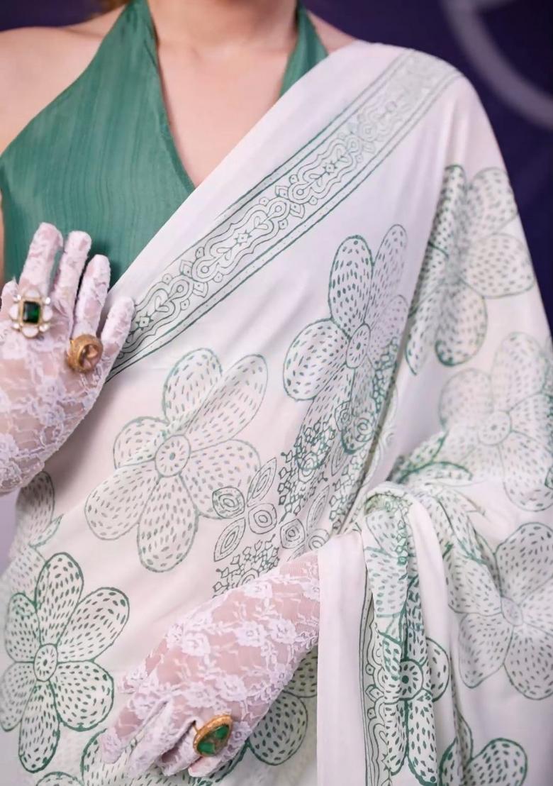 Pista Floral Print Silk Saree Set - Indya