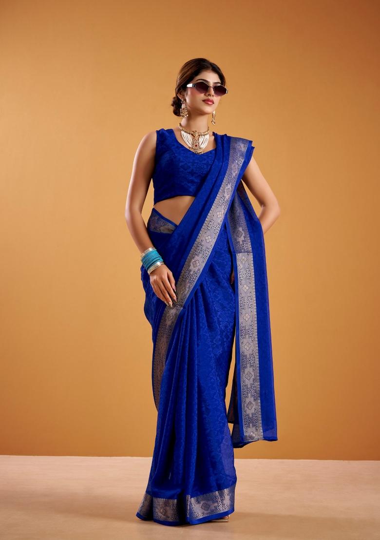 Blue Zari Work Shimmer Saree Set - Indya