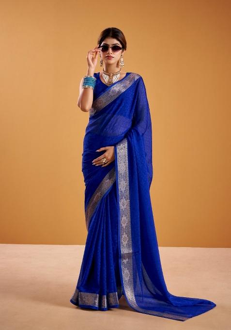 Blue Zari Work Shimmer Saree Set