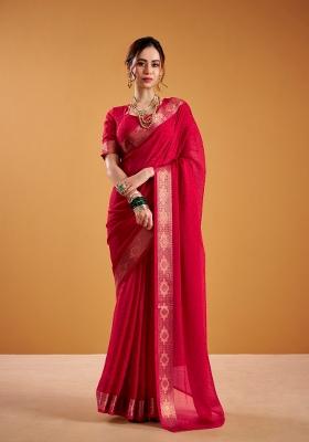 Red Zari Work Shimmer Saree Set