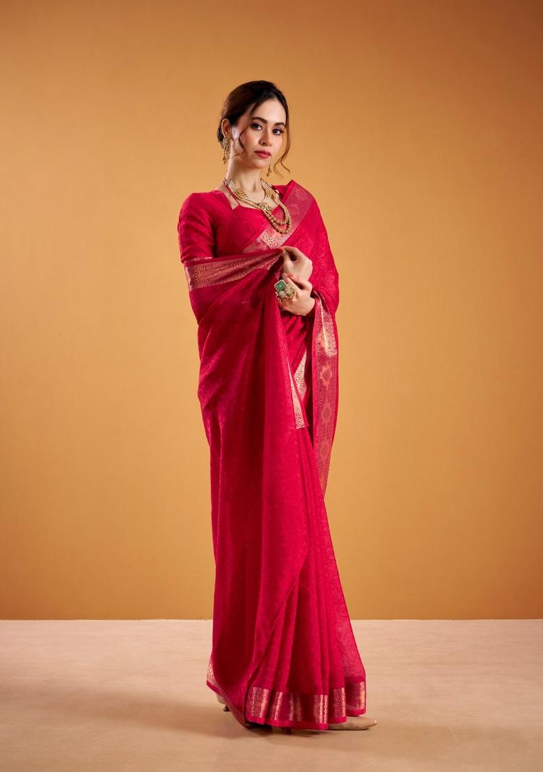 Red Zari Work Shimmer Saree Set - Indya