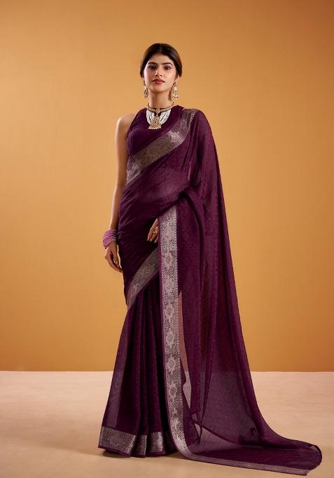 Wine Zari Work Shimmer Saree Set