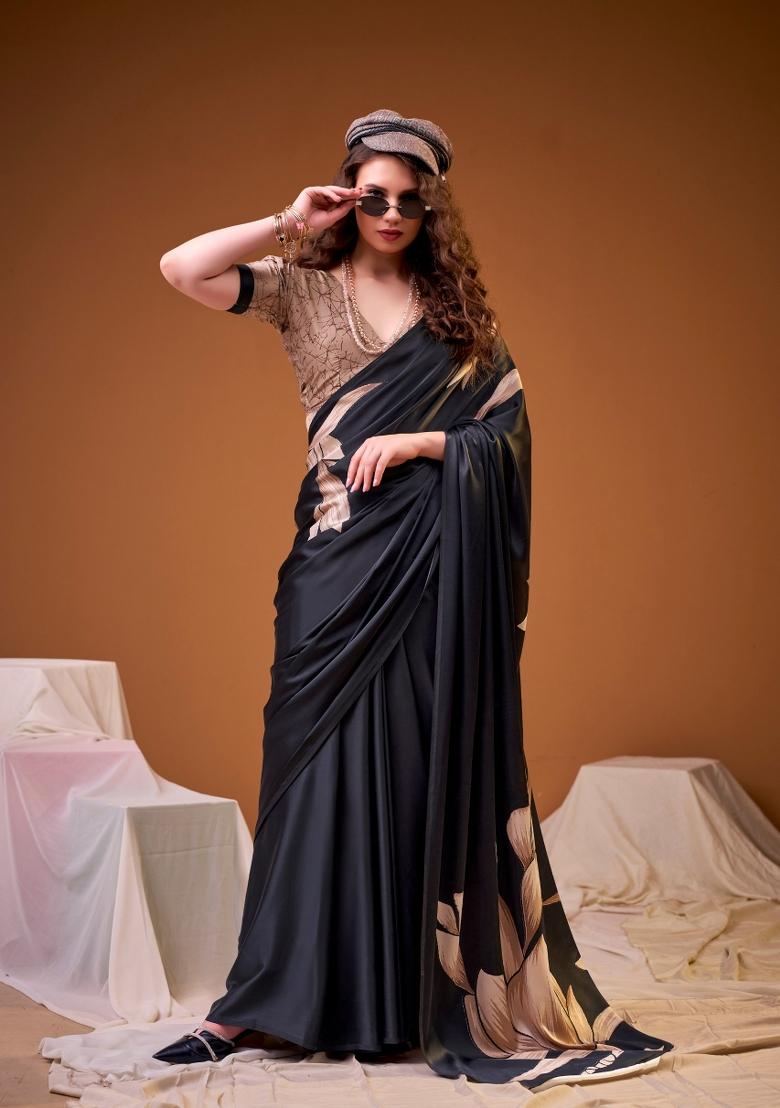 Black Floral Print Silk Saree Set - Indya
