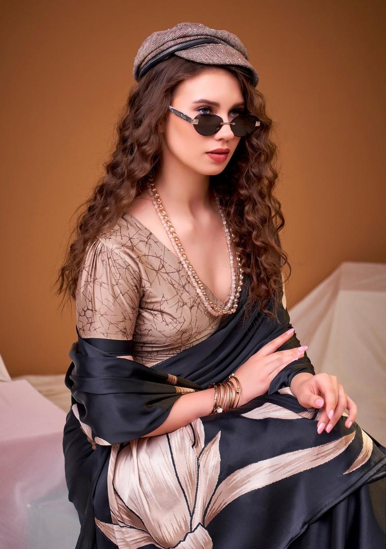 Black Floral Print Silk Saree Set - Indya