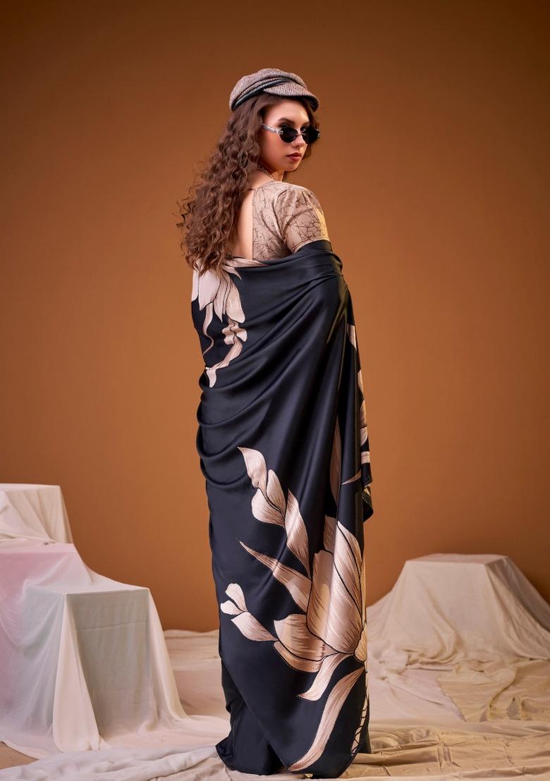 Black Floral Print Silk Saree Set - Indya
