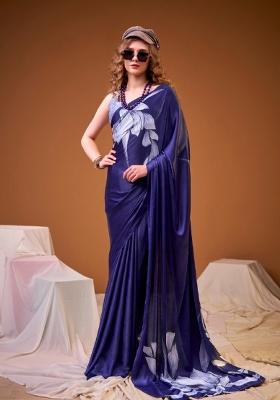 Blue Floral Print Silk Saree Set