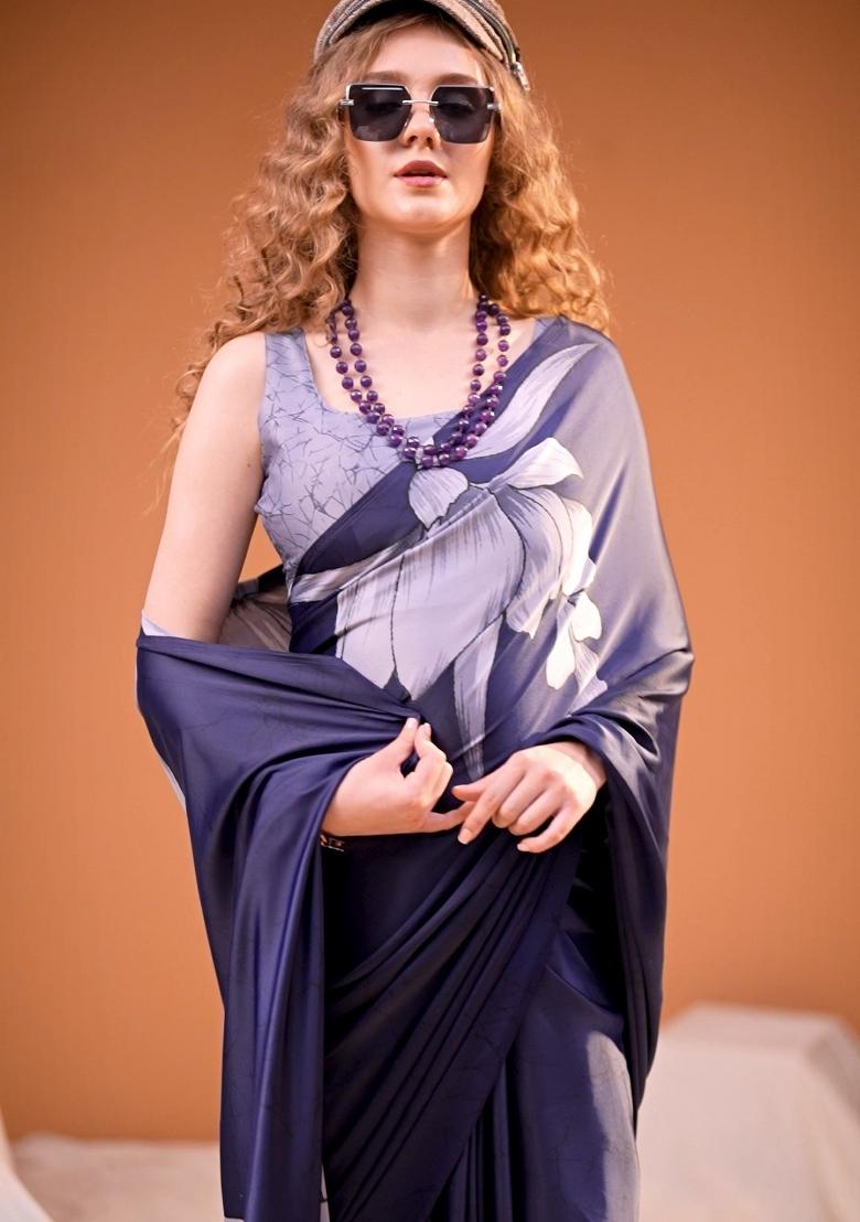 Blue Floral Print Silk Saree Set - Indya