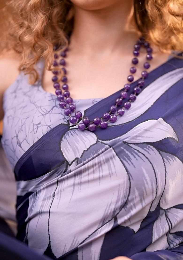 Blue Floral Print Silk Saree Set - Indya