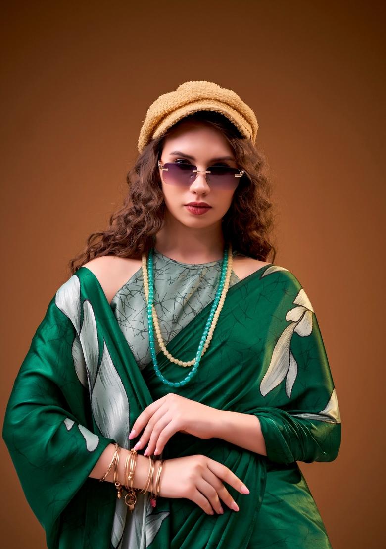 Green Floral Print Silk Saree Set - Indya