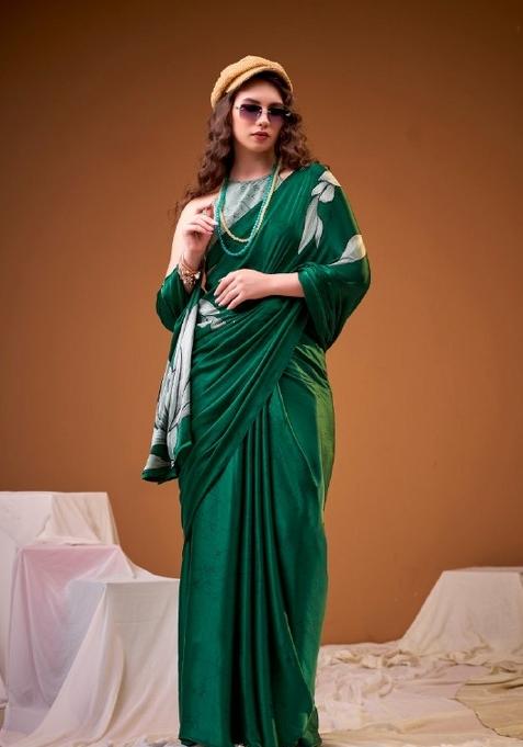Green Floral Print Silk Saree Set