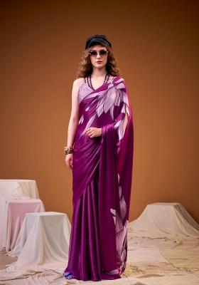 Pink Floral Print Silk Saree Set