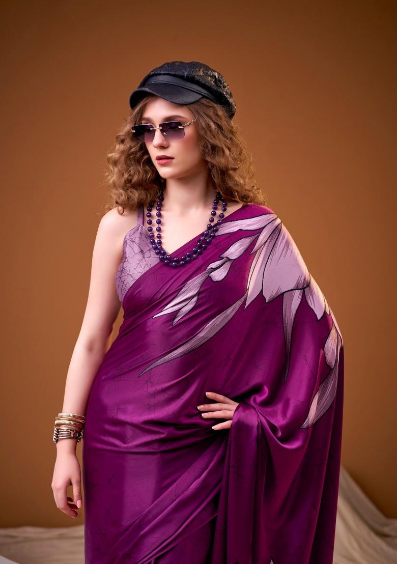 Pink Floral Print Silk Saree Set - Indya