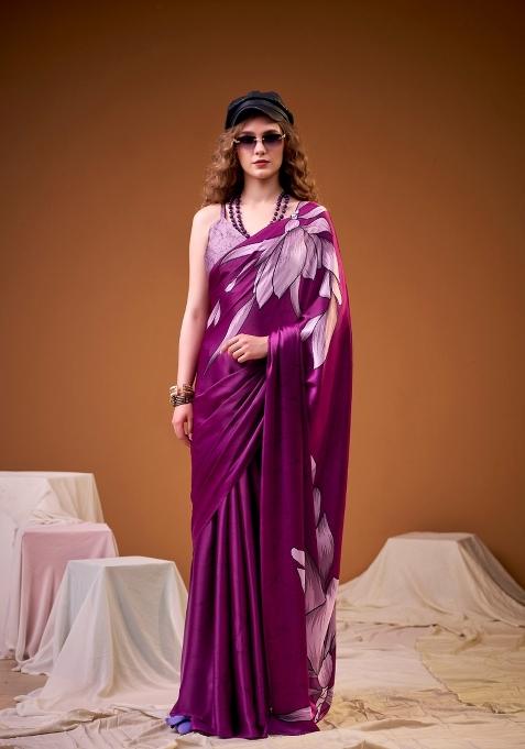 Pink Floral Print Silk Saree Set — view on Indya