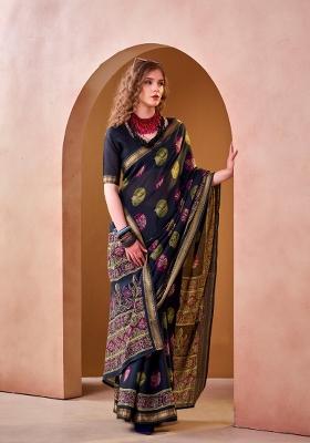 Blue Printed Chanderi Saree Set