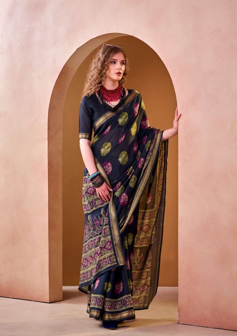 Blue Printed Chanderi Saree Set for Diwali and Festive Wear - Indya