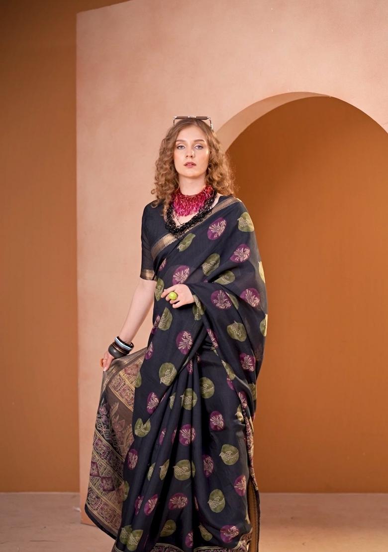Blue Printed Chanderi Saree Set - Indya