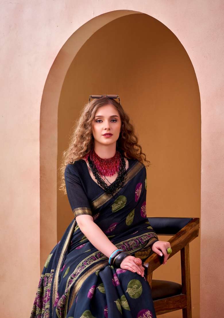Blue Printed Chanderi Saree Set for Diwali and Festive Wear - Indya