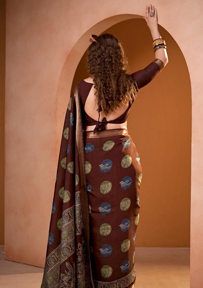 Maroon Printed Chanderi Saree Set - Indya