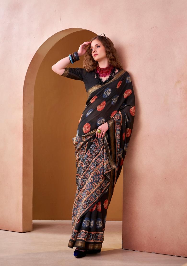 Black Printed Chanderi Saree Set - Indya