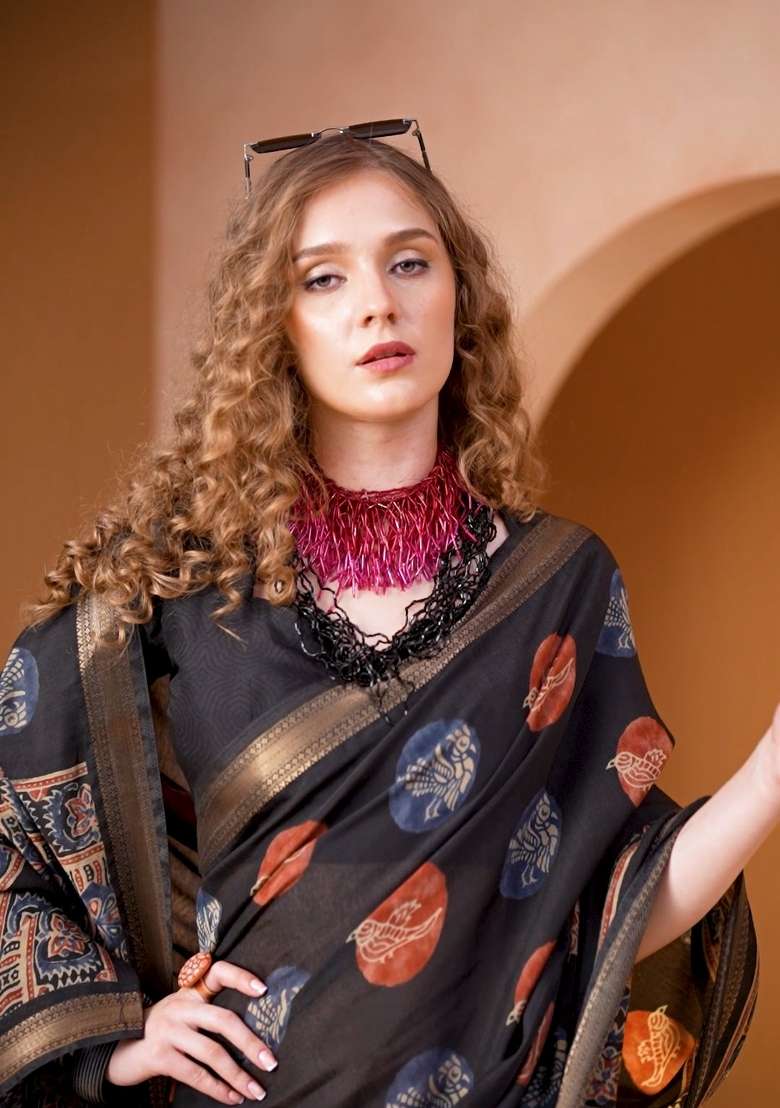 Black Chanderi Saree Set with Printed for Diwali | Wedding & Festive Wear - Indya