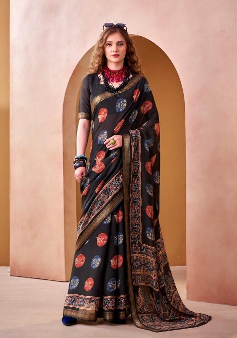 Black Printed Chanderi Saree Set