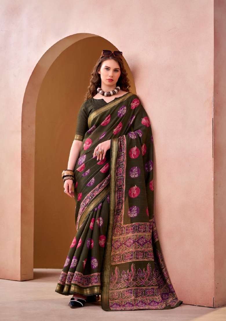 Mehendi Printed Chanderi Saree Set for Diwali and Festive Wear - Indya