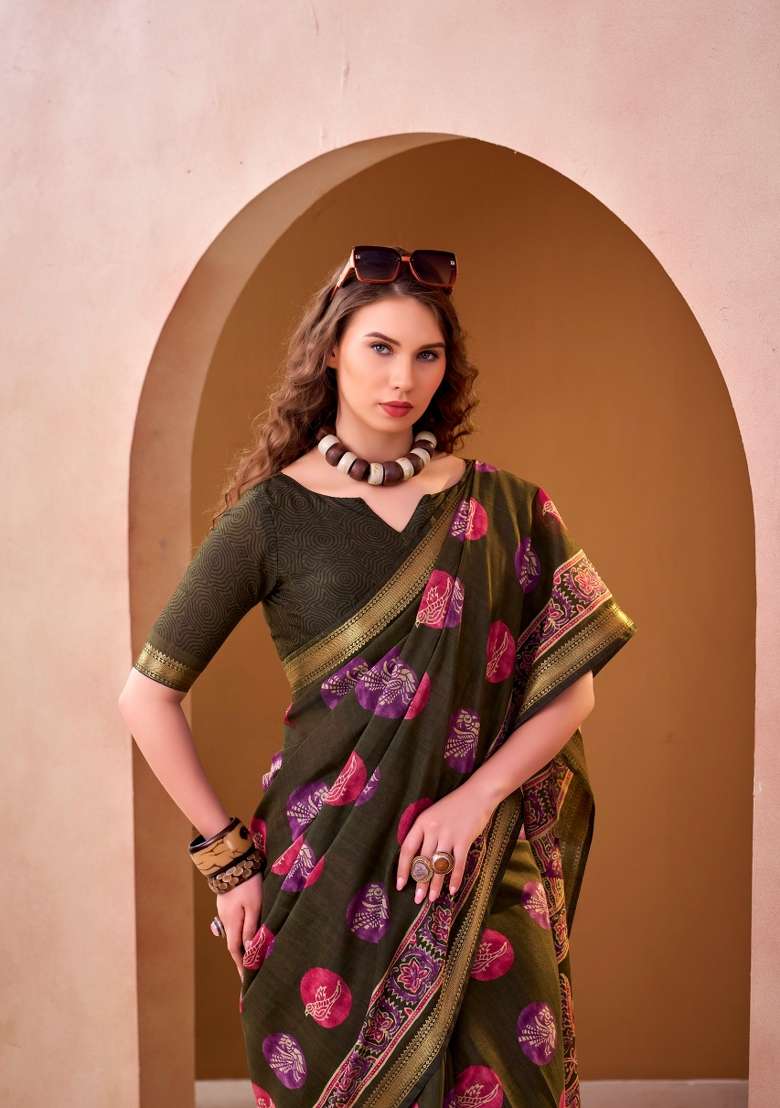 Mehendi Printed Chanderi Saree Set for Diwali and Festive Wear - Indya