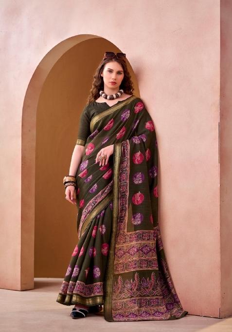 Mehendi Printed Chanderi Saree Set