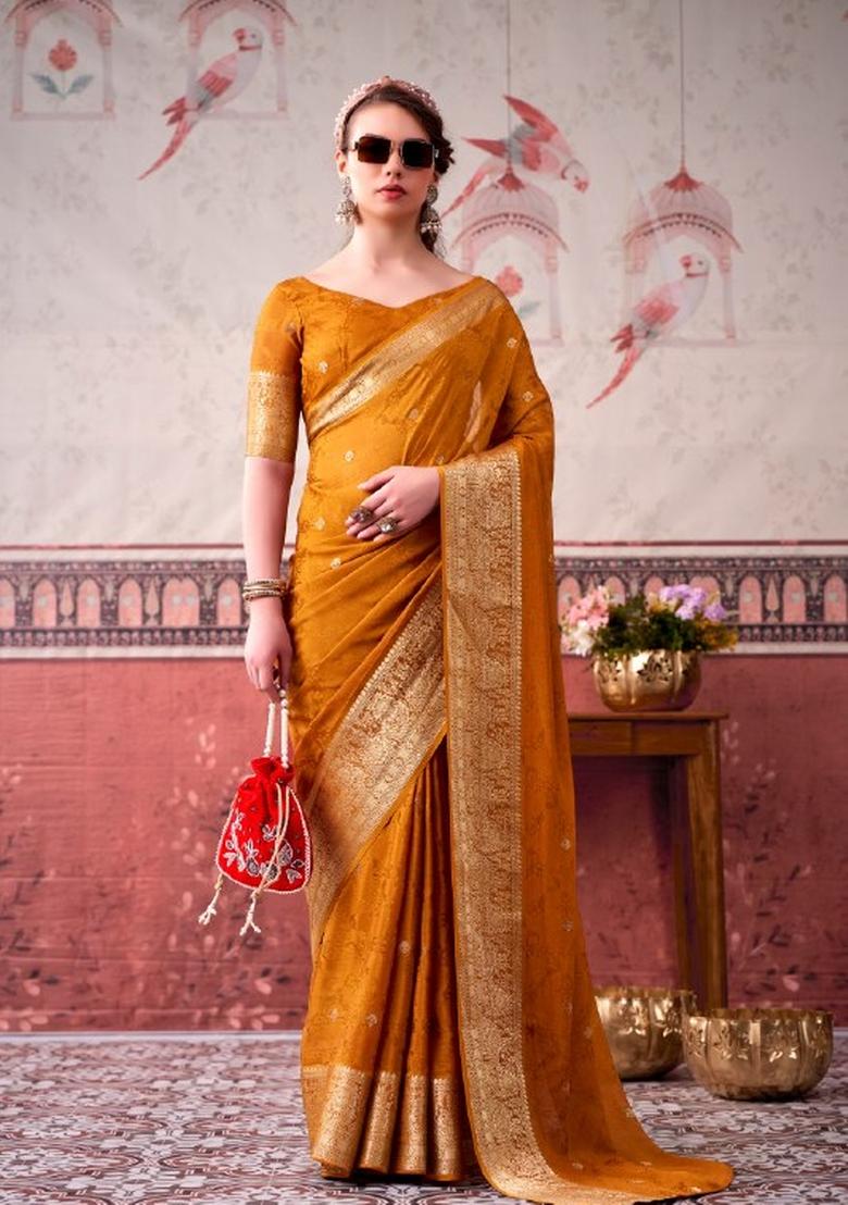 Mustard Printed Chinon Saree Set - Indya