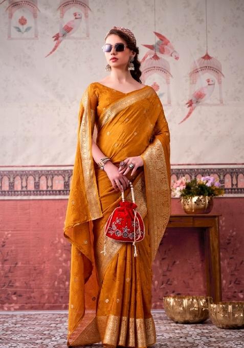Mustard Printed Chinon Saree Set