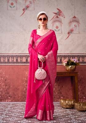 Pink Printed Chinon Saree Set