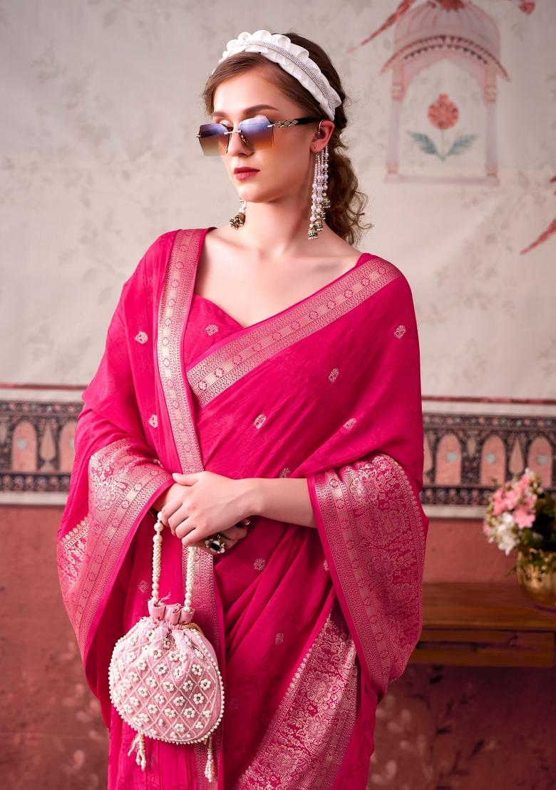 Pink Printed Chinon Saree Set - Indya