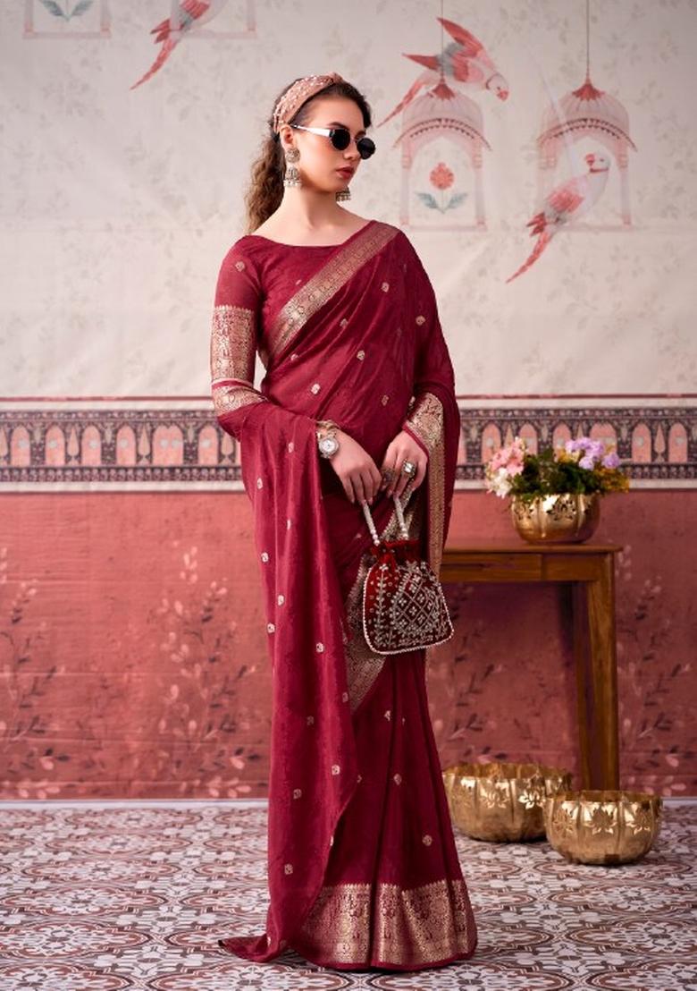 Maroon Printed Chinon Saree Set - Indya