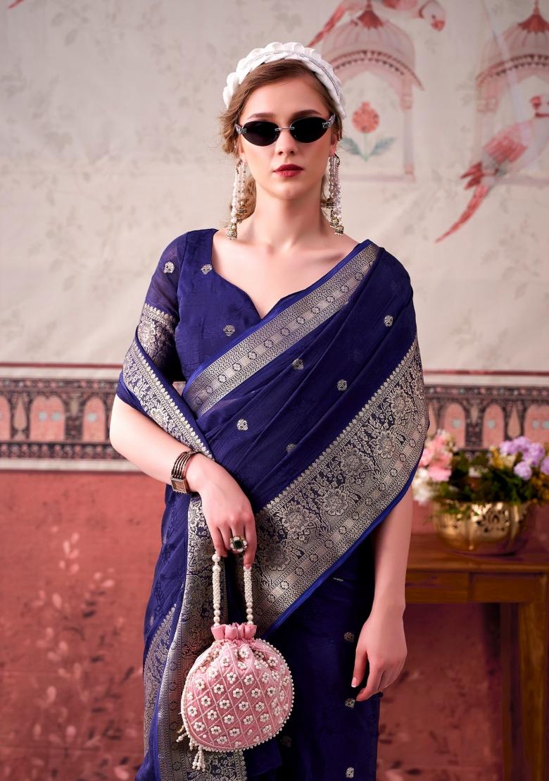 Blue Printed Chinon Saree Set - Indya