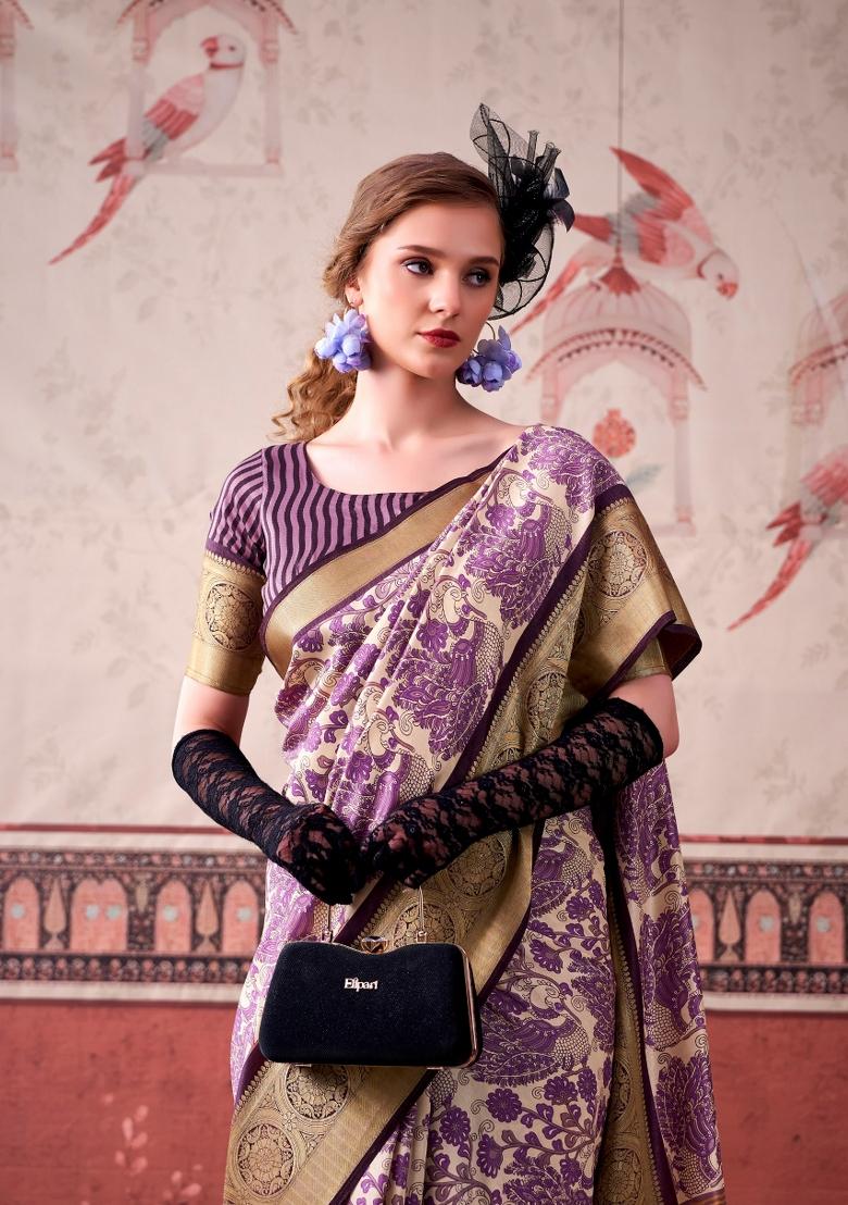Lavender Printed Silk Saree Set - Indya