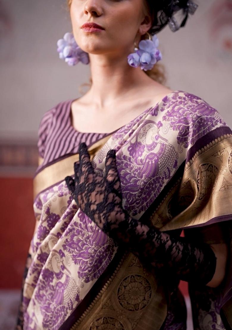 Lavender Printed Silk Saree Set - Indya