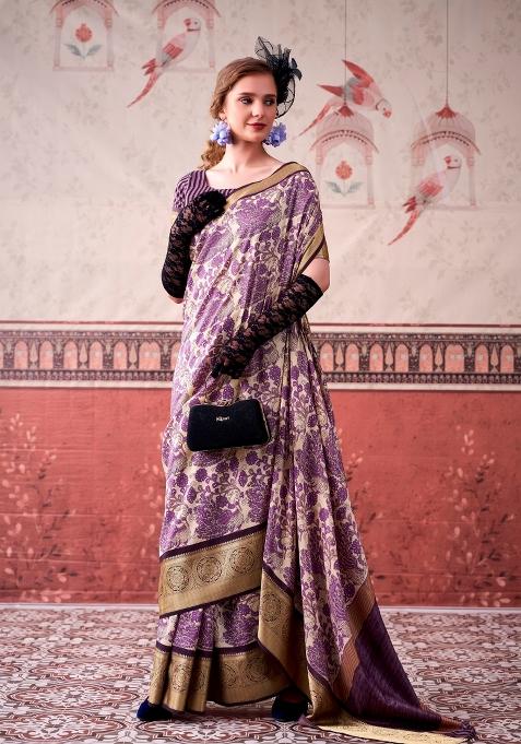 Lavender Printed Silk Saree Set