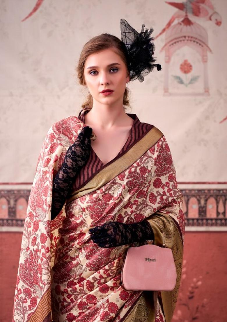Pink Printed Silk Saree Set - Indya