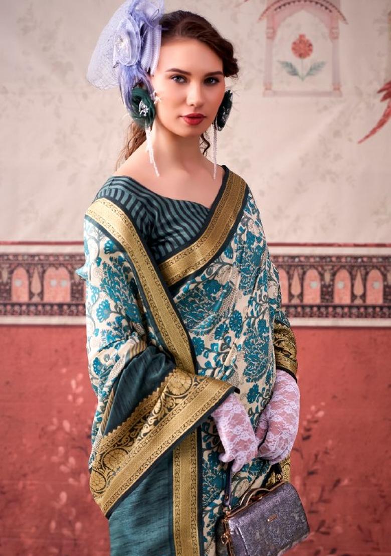 Blue Printed Silk Saree Set - Indya