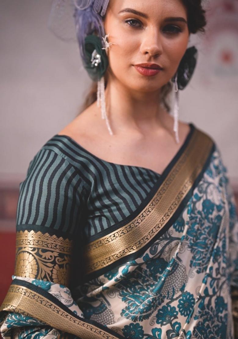 Blue Printed Silk Saree Set - Indya