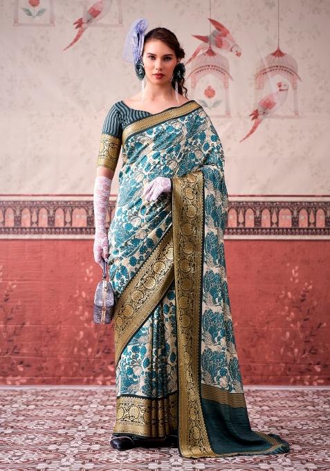 Blue Printed Silk Saree Set