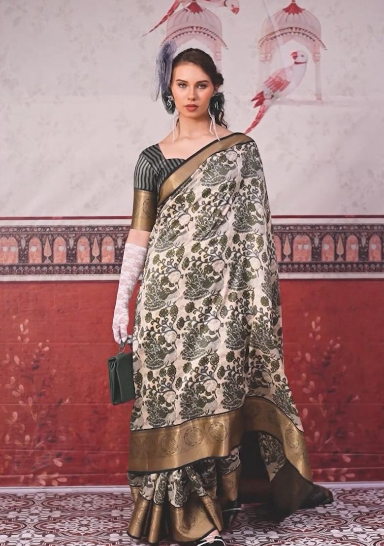 Mehendi Printed Silk Saree Set - Indya