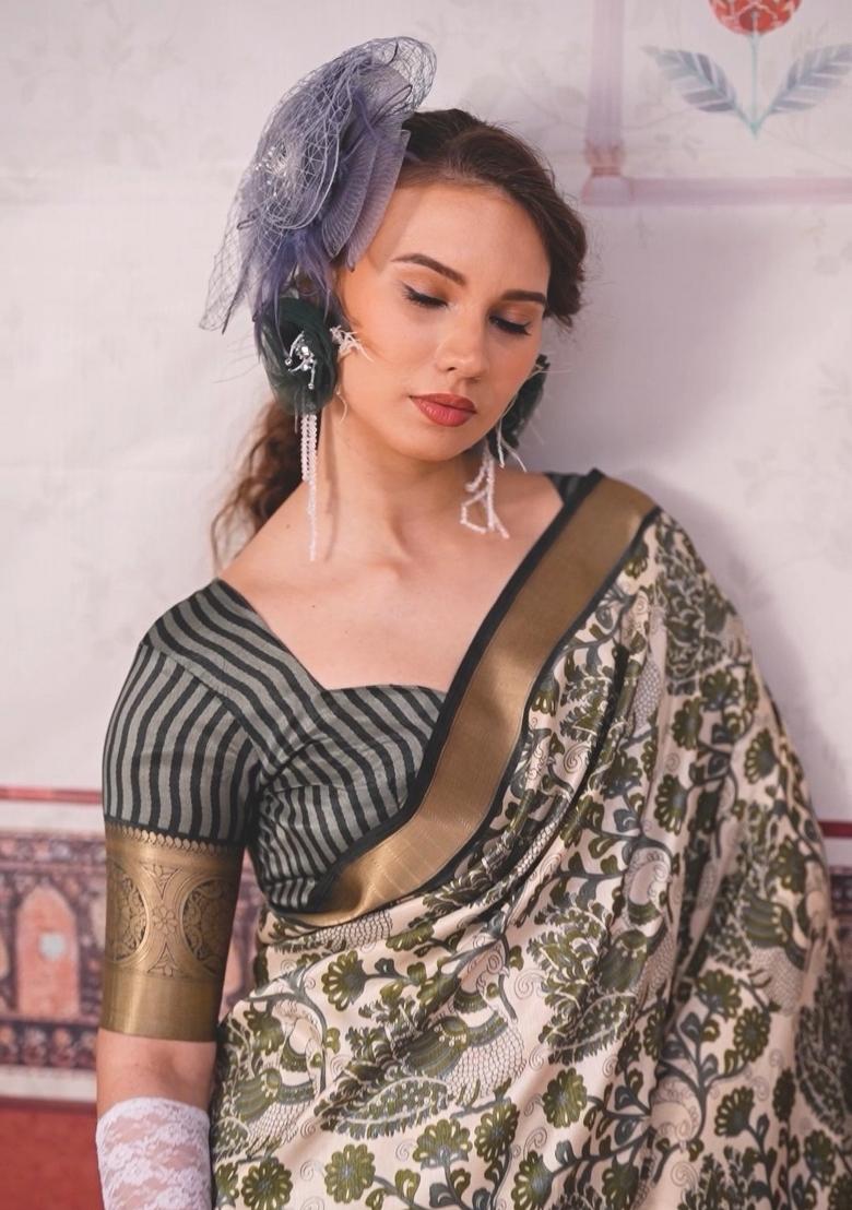 Mehendi Printed Silk Saree Set - Indya