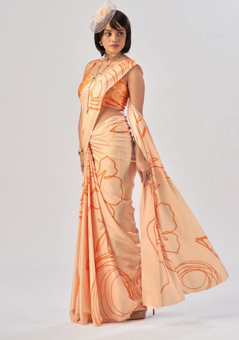 Orange Printed Silk Saree Set - Indya