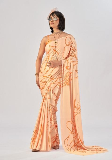 Orange Printed Silk Saree Set