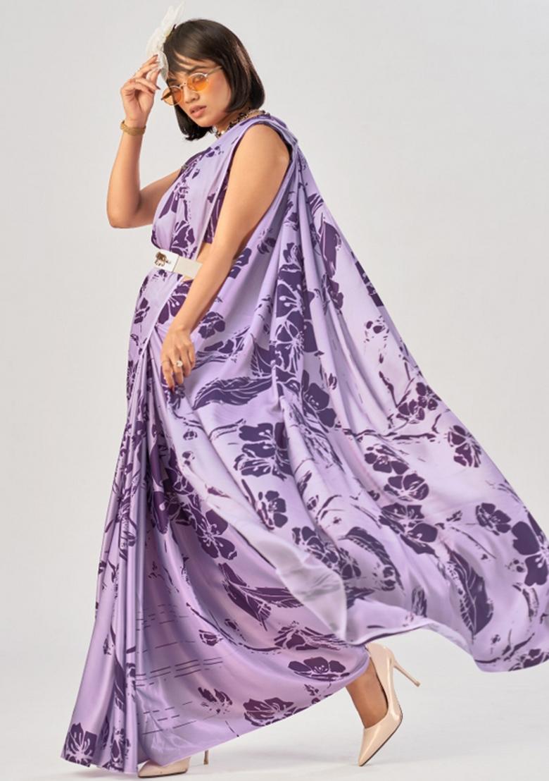 Lavender Printed Silk Saree Set - Indya