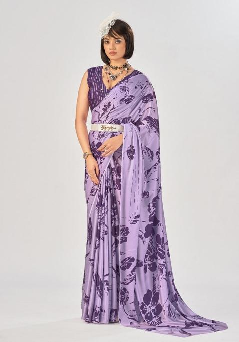 Lavender Printed Silk Saree Set