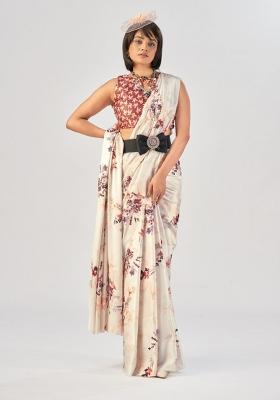 White Printed Silk Saree Set