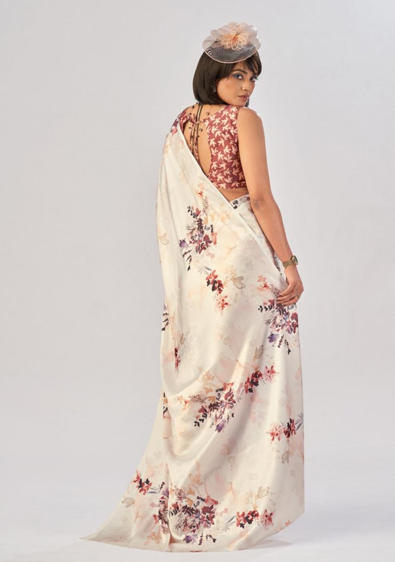 White Printed Silk Saree Set - Indya