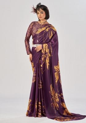Wine Printed Silk Saree Set